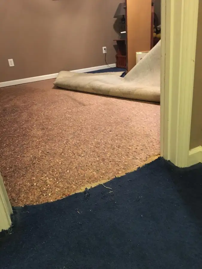 Carpet pad removal revealing water damage during Drying & Dehumidification in Berea